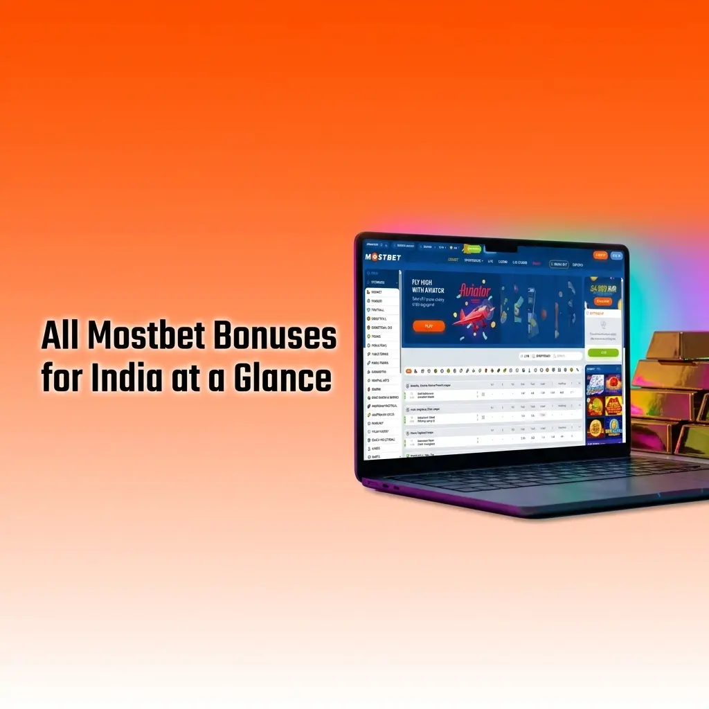 Mostbet India bonus table showing casino and sports promotions including welcome offers, reloads, cashback, and free spins