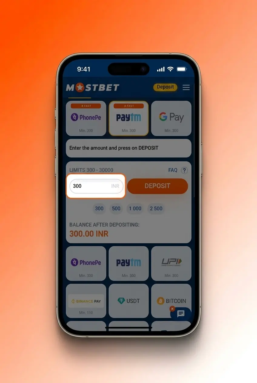 Step-by-step Mostbet India deposit guide showing UPI, PhonePe, Google Pay, and Paytm payment options in INR