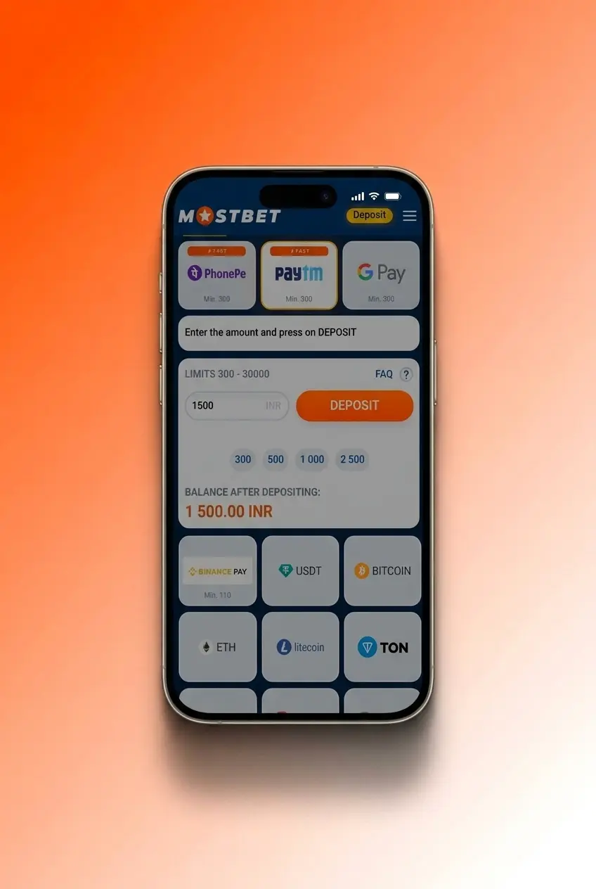 Step-by-step guide showing how to deposit money at Mostbet India using UPI, PhonePe, Google Pay or Paytm
