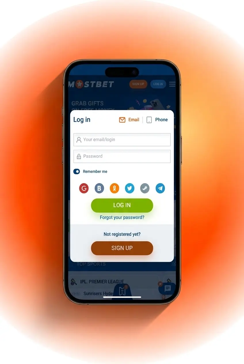 Mostbet India login form showing email, phone, and social network sign-in options for Indian users