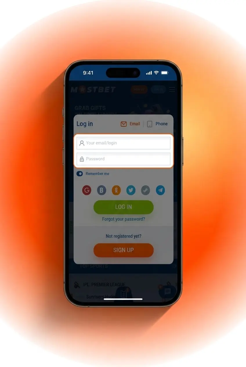 Mostbet India login form showing email, phone, and social network sign-in options for Indian users