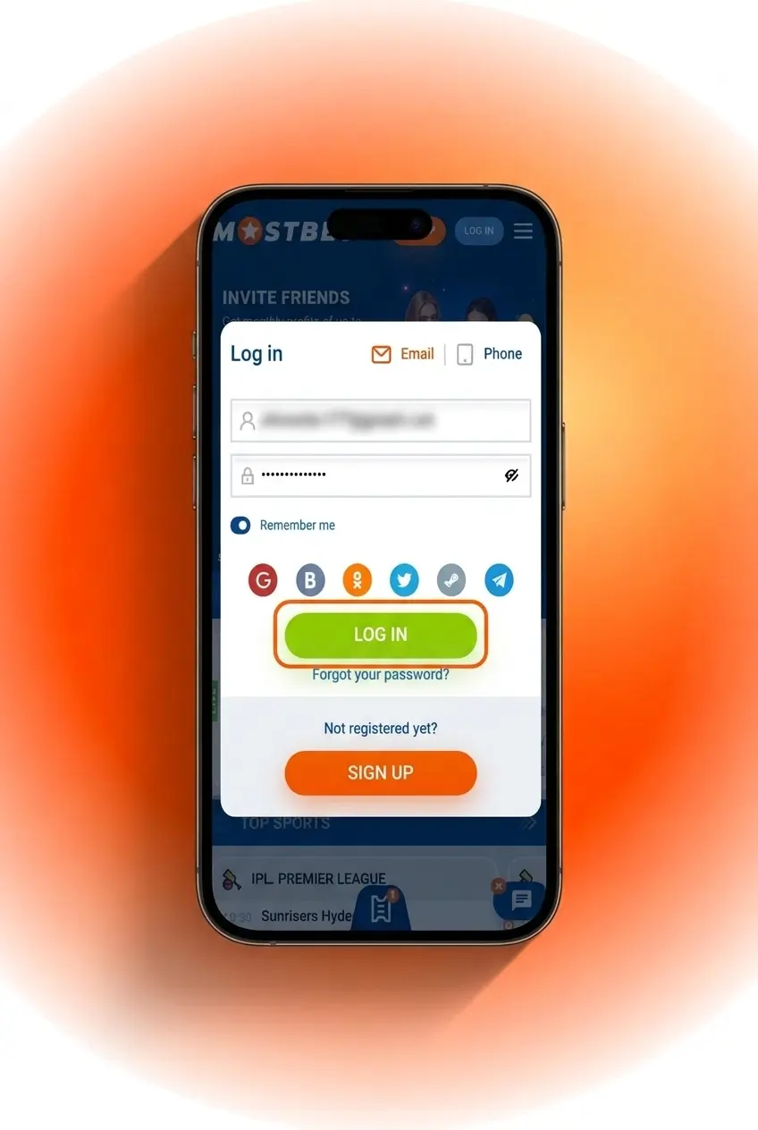 Mostbet India login form showing email, phone, and social network sign-in options for quick account access