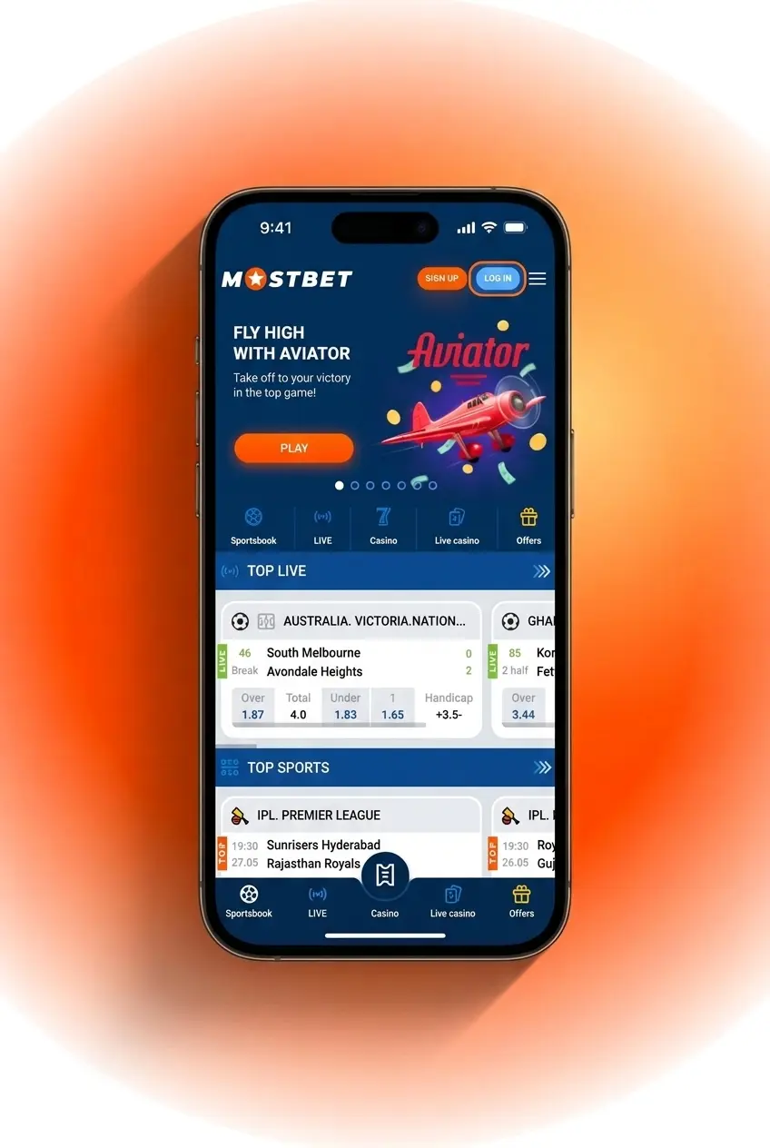 Mostbet India login form showing email, phone, and social network sign-in options for Indian users
