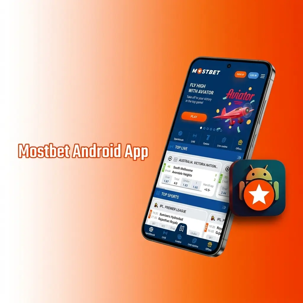 Mostbet Android app interface showing sports betting, live casino, and slots features for mobile users