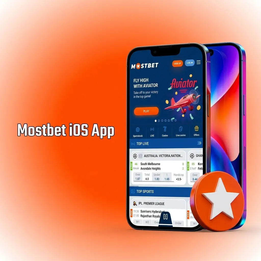 Mostbet iOS app for iPhone and iPad showing sports betting, live casino, and slots features on mobile