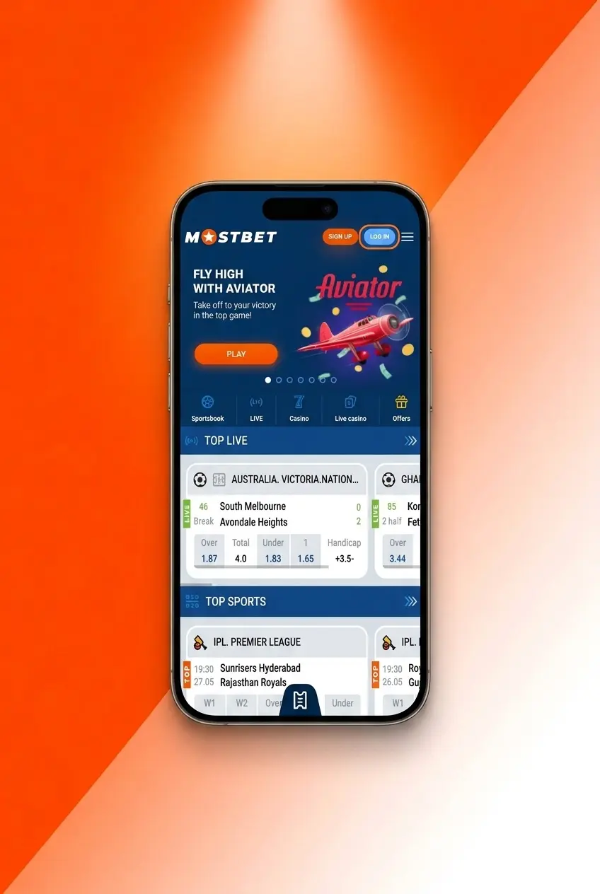 Mostbet login page on mobile and desktop showing email, phone, social network, and biometric sign-in options in India