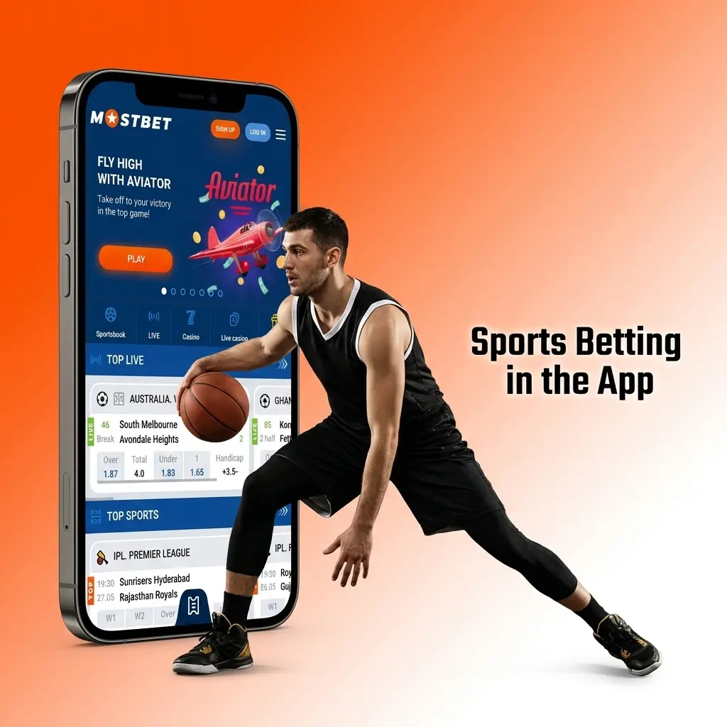 Mostbet app sports betting interface showing cricket, football, kabaddi and live multi-event betting markets