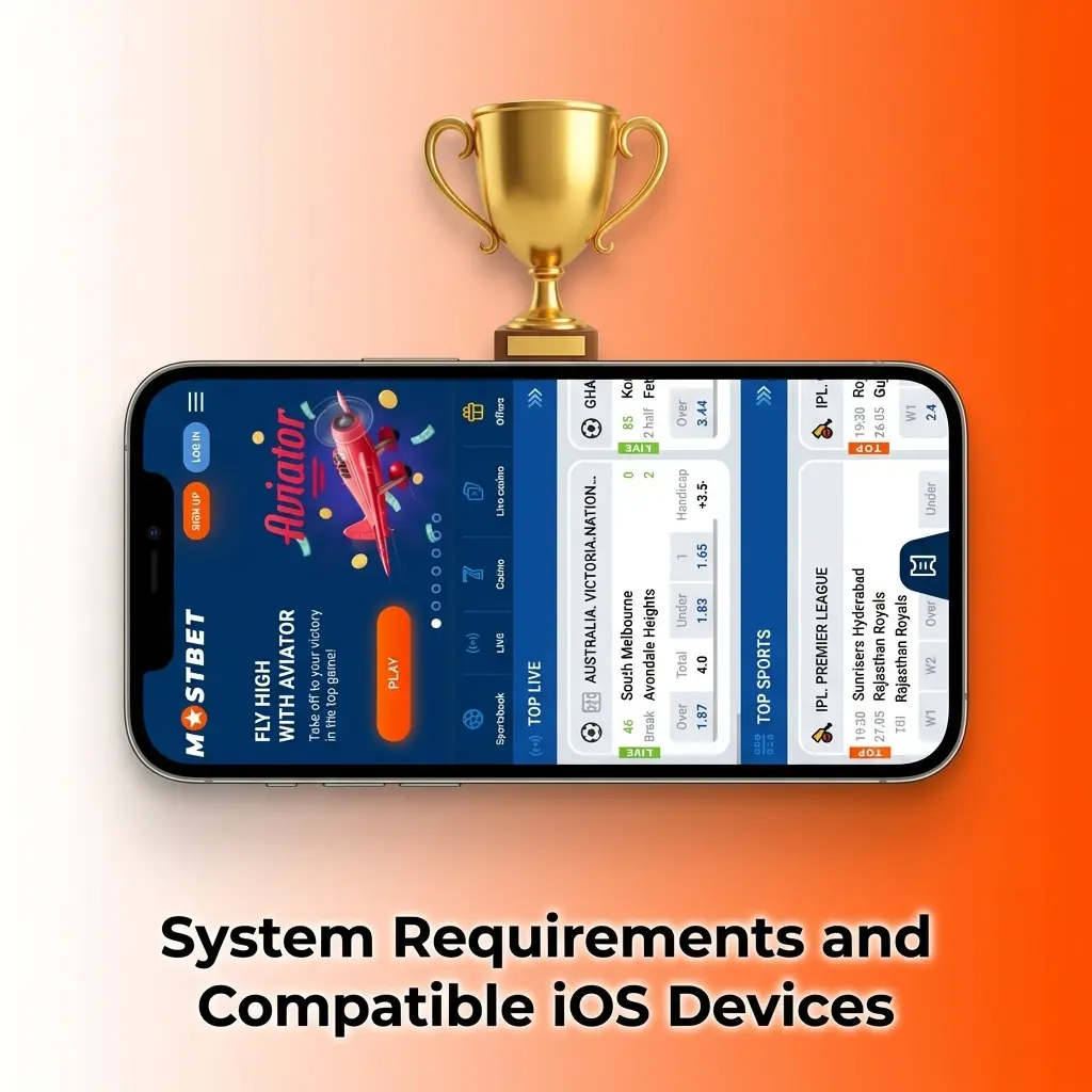 Mostbet PWA iOS system requirements showing compatible iPhone and iPad models requiring iOS 12.0+, 1GB RAM, and 40MB storage