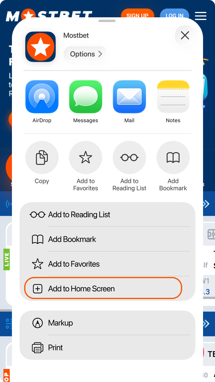 Choose the add to home screen option for instant Mostbet App iOS access.