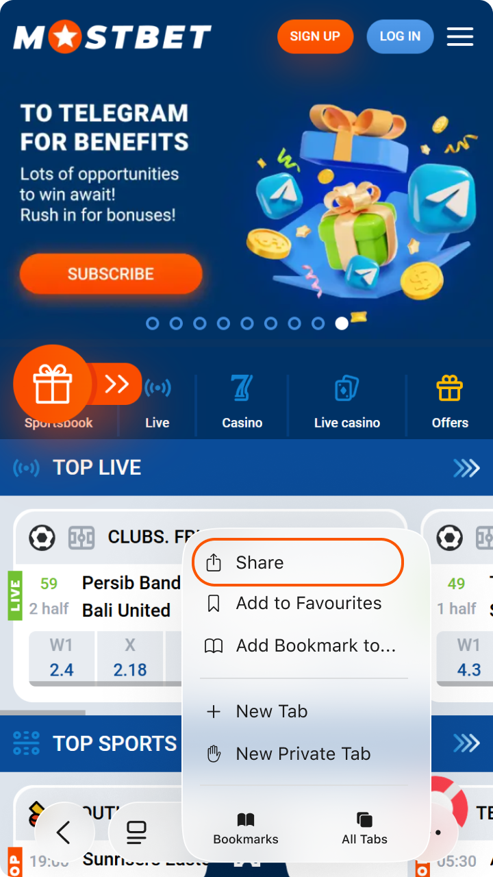 Tap the share button in Safari to set up the Mostbet App iOS shortcut.