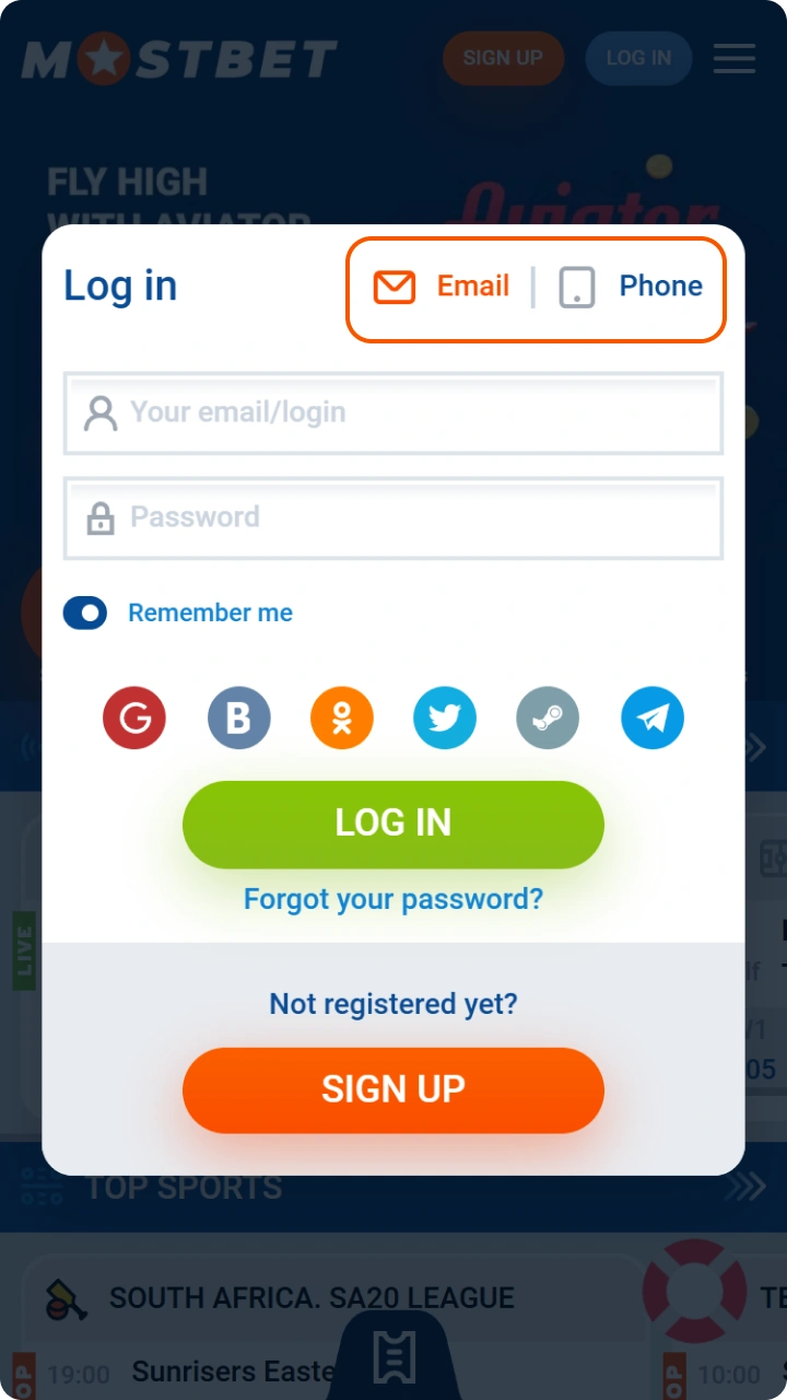 Pick a convenient method to proceed with your Mostbet login process.