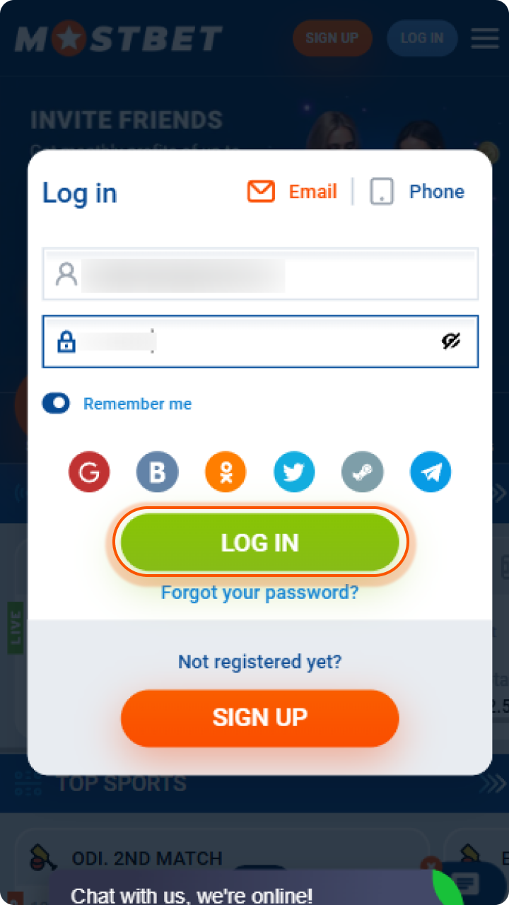 Log in to your Mostbet account to start placing sports bets.
