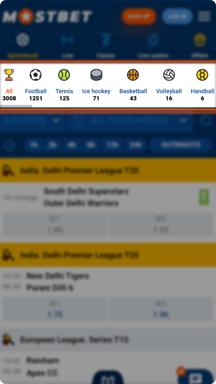 Navigate to the Mostbet sports section to select your preferred discipline
