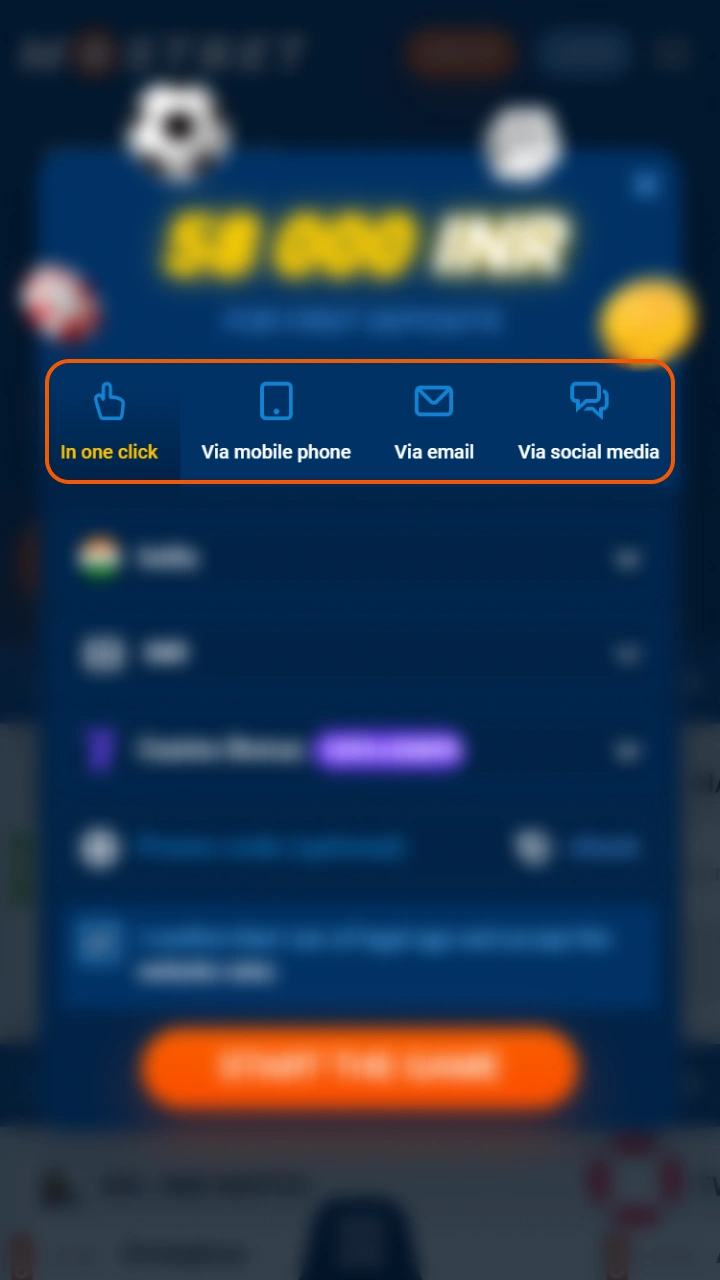 Select your preferred app registration method to create a Mostbet account.