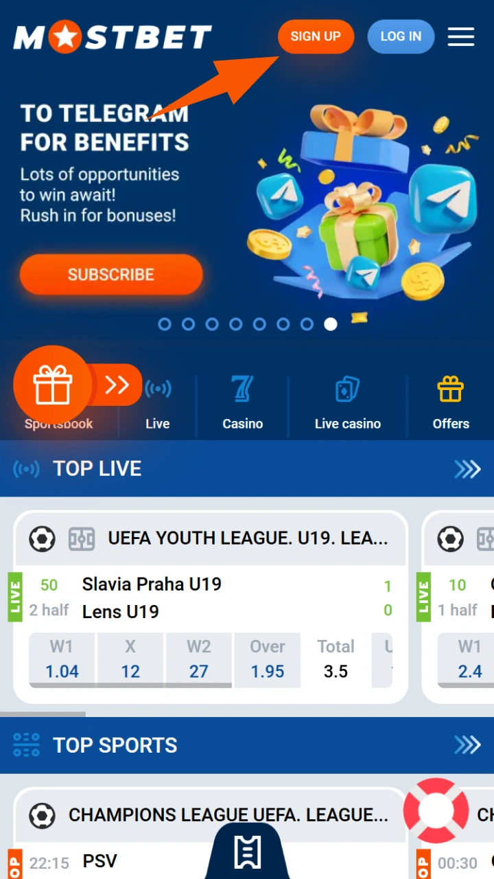 Tap the app registration button to launch the Mostbet sign-up form.
